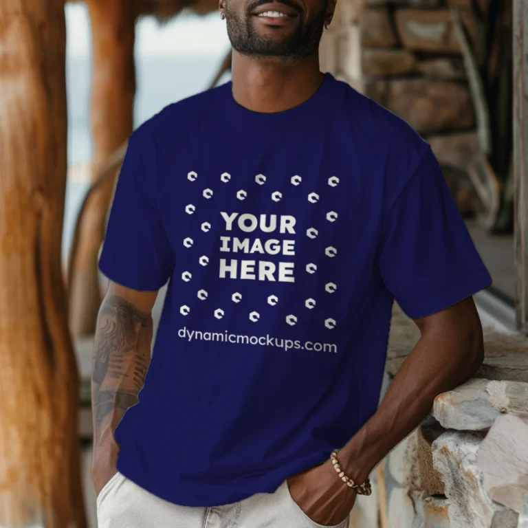 Man Wearing Navy Blue T-shirt Mockup Front View Template