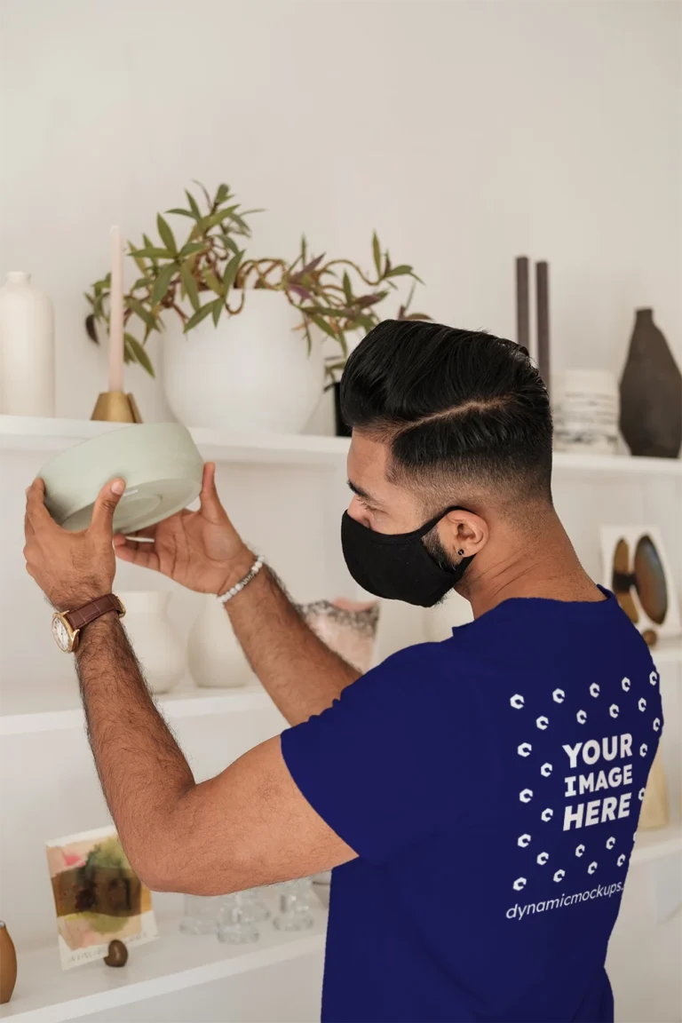 Man Wearing Navy Blue T-shirt Mockup Back View Template