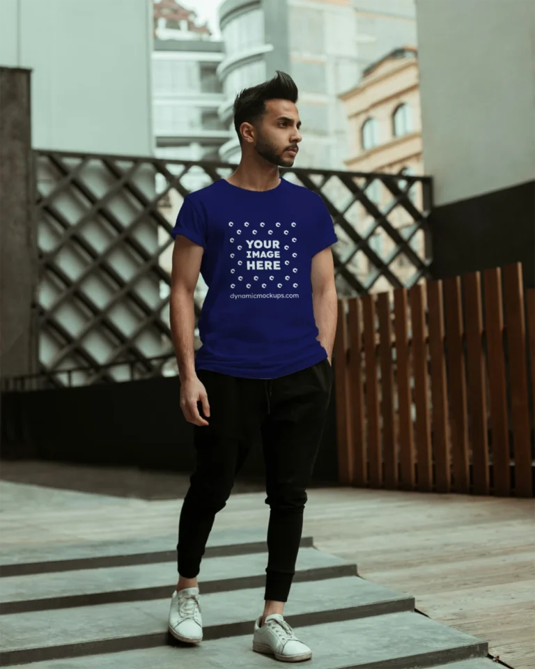 Man Wearing Navy Blue T-shirt Mockup Front View Template