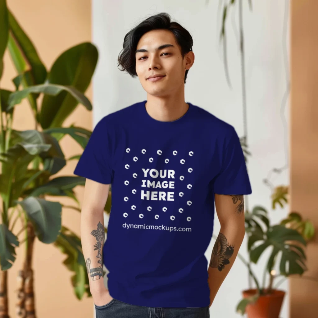 Man Wearing Navy Blue T-shirt Mockup Front View Template