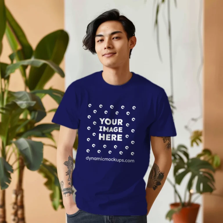 Man Wearing Navy Blue T-shirt Mockup Front View Template