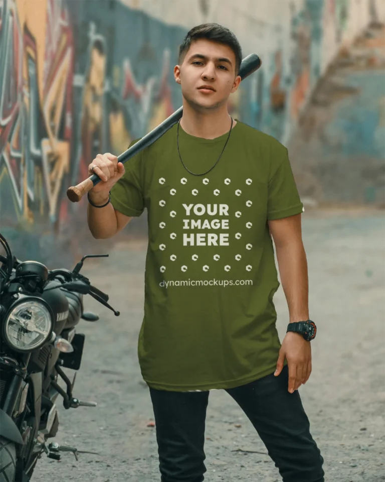 Man Wearing Olive Green T-shirt Mockup Front View Template