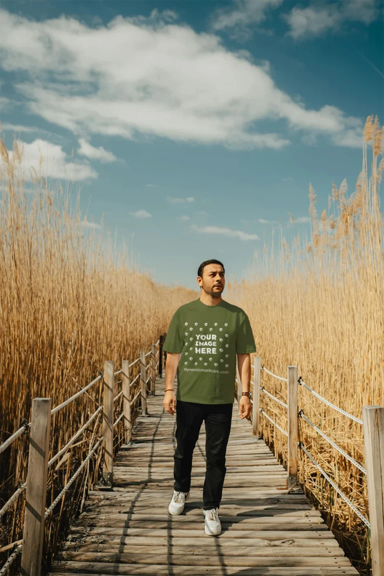 Man Wearing Olive Green T-shirt Mockup Front View Template