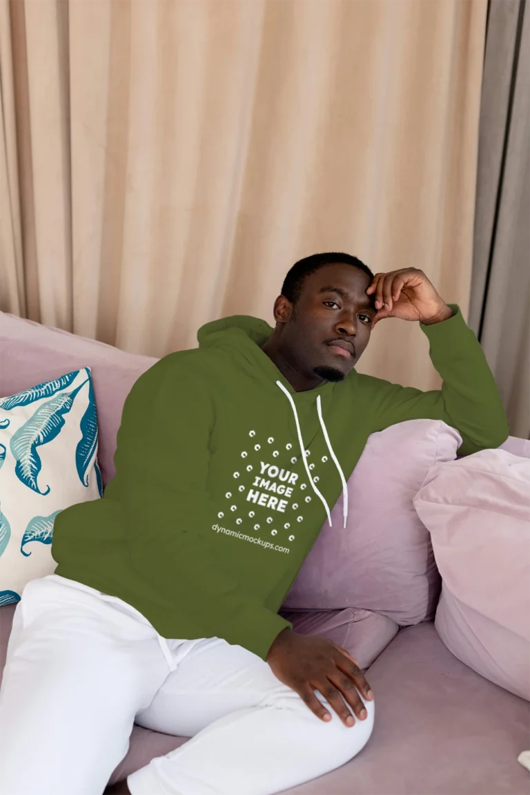 Man Wearing Olive Green Hoodie Mockup Front View Template