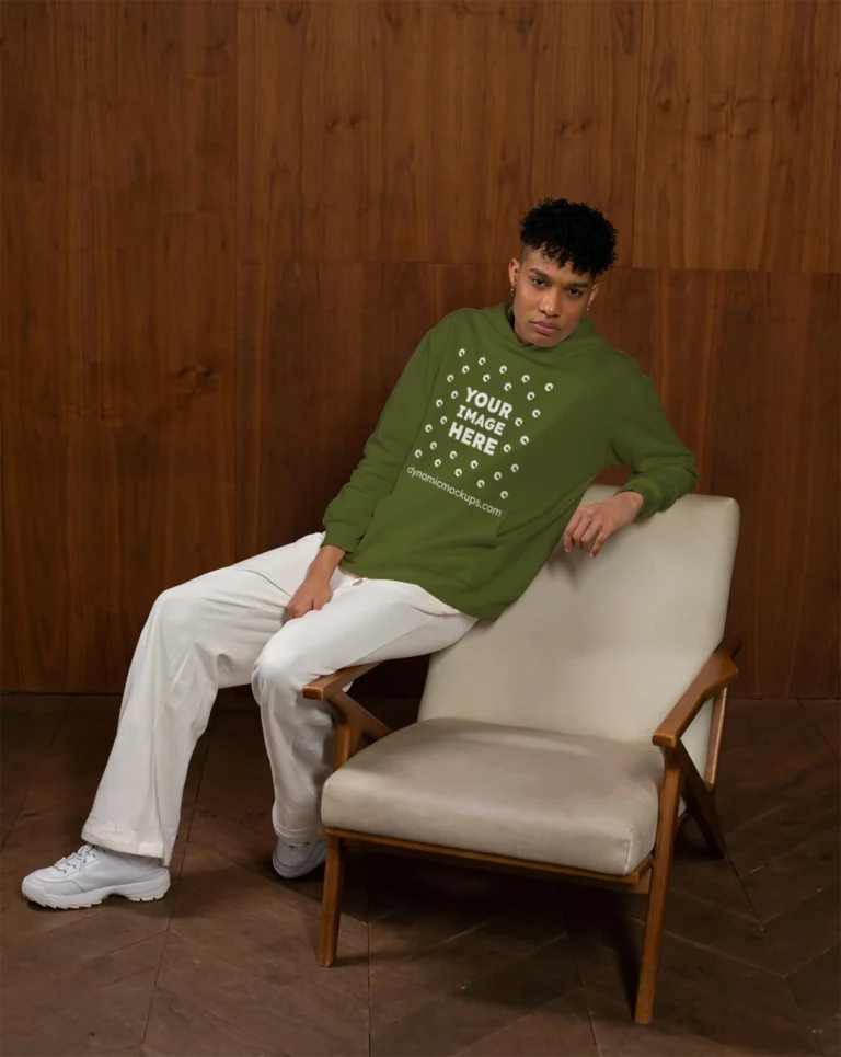 Man Wearing Olive Green Hoodie Mockup Front View Template