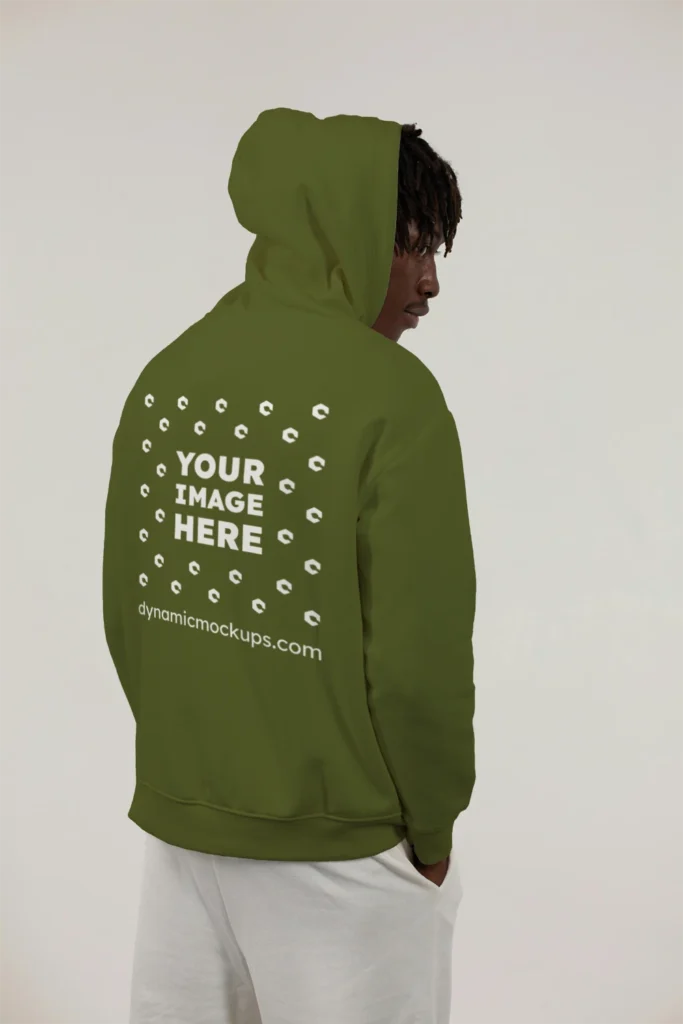 Man Wearing Olive Green Hoodie Mockup Back View Template