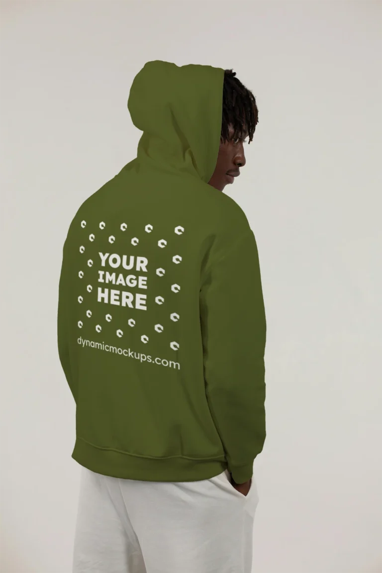 Man Wearing Olive Green Hoodie Mockup Back View Template