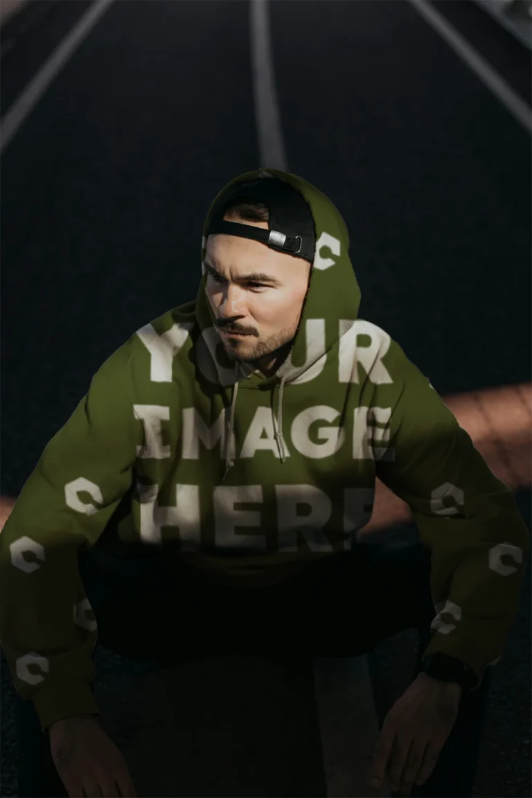 Man Wearing Olive Green Hoodie Mockup Front View Template