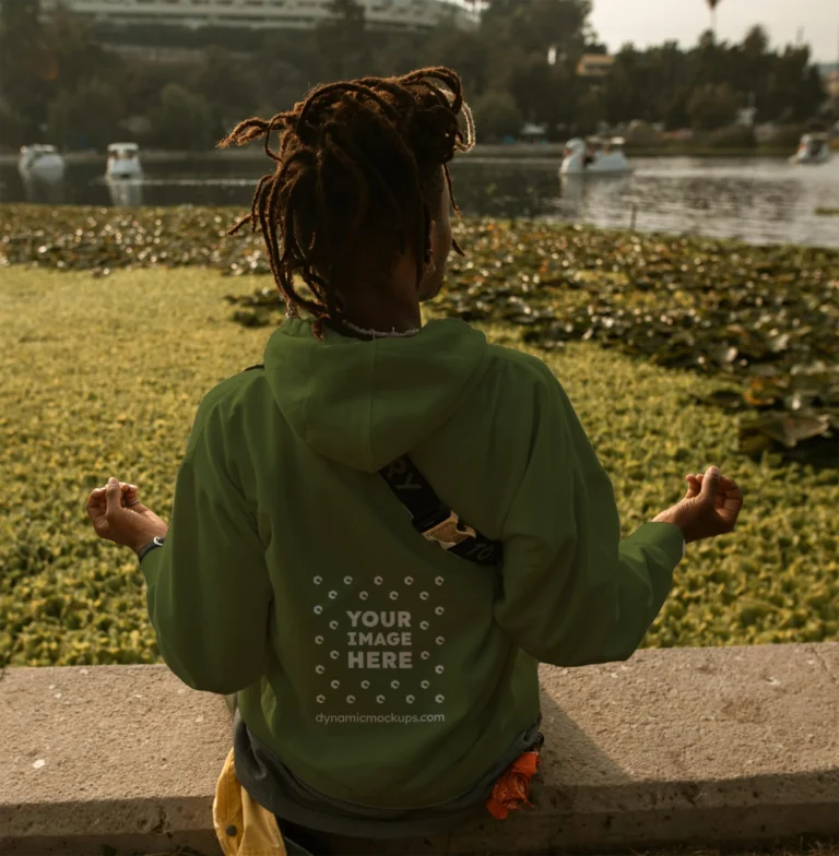 Man Wearing Olive Green Hoodie Mockup Back View Template