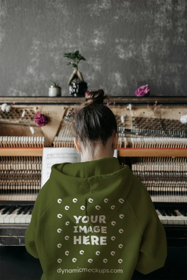 Man Wearing Olive Green Hoodie Mockup Back View Template