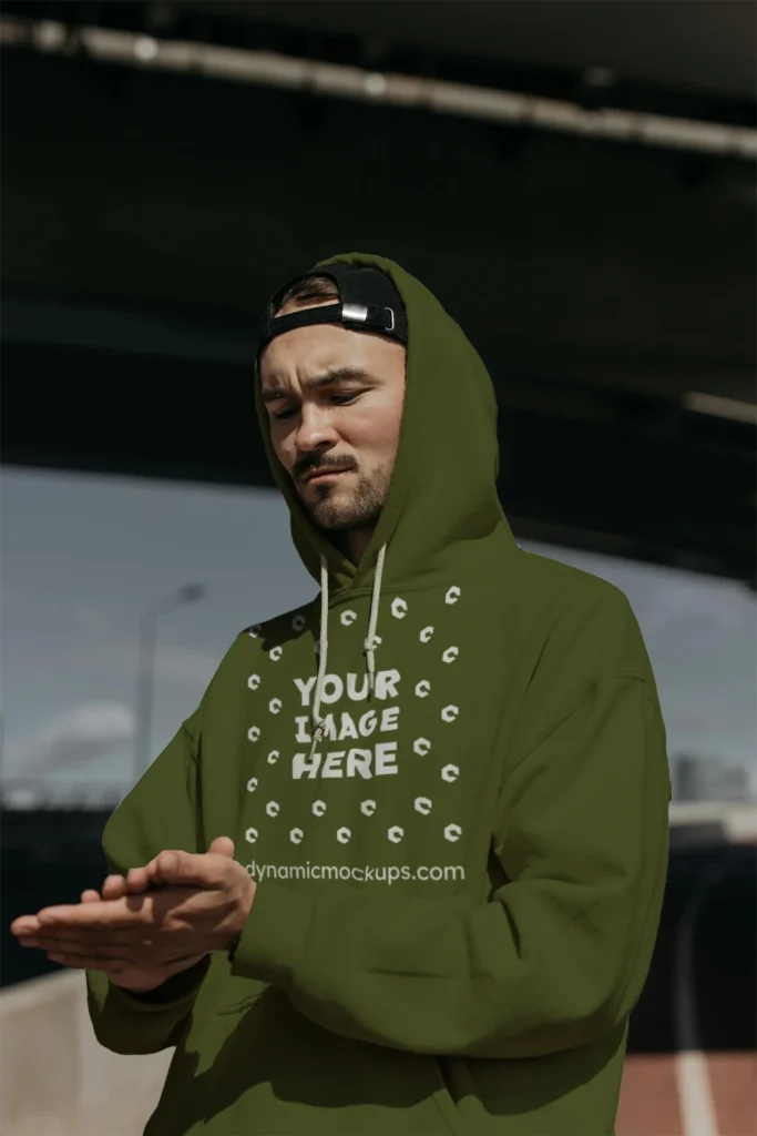 Man Wearing Olive Green Hoodie Mockup Front View Template