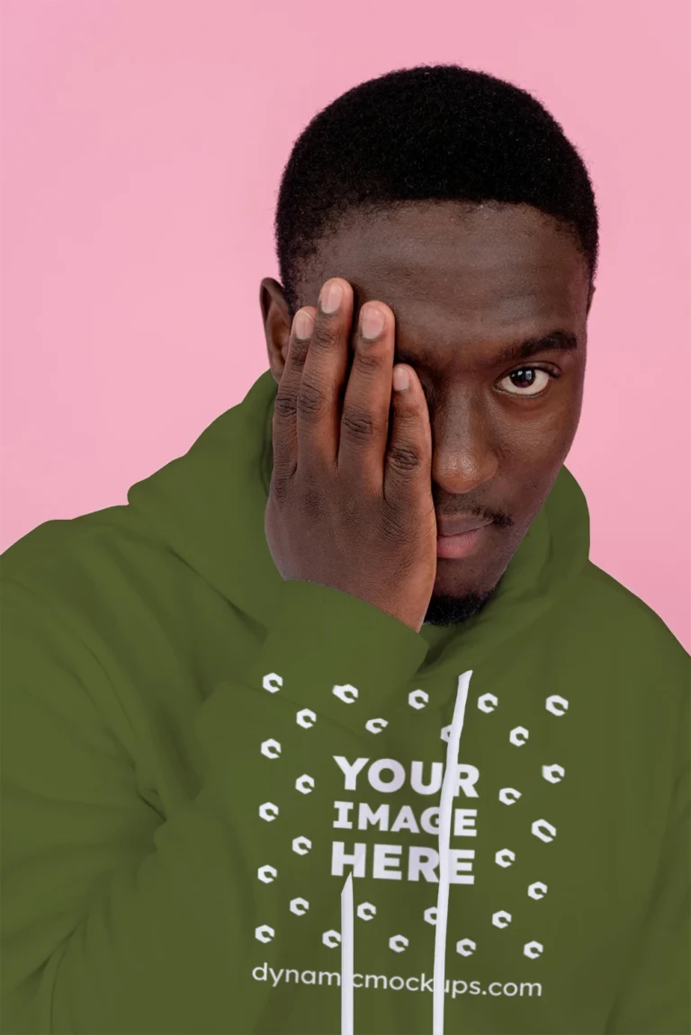 Man Wearing Olive Green Hoodie Mockup Front View Template