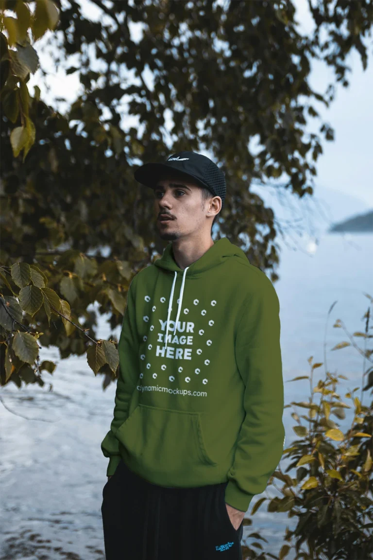 Man Wearing Olive Green Hoodie Mockup Front View Template