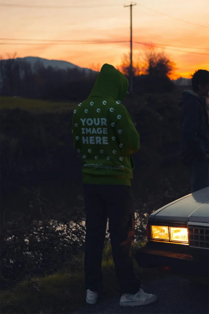 Man Wearing Olive Green Hoodie Mockup Back View Template
