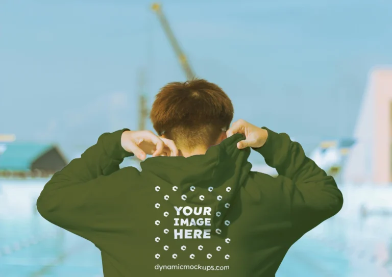 Man Wearing Olive Green Hoodie Mockup Back View Template