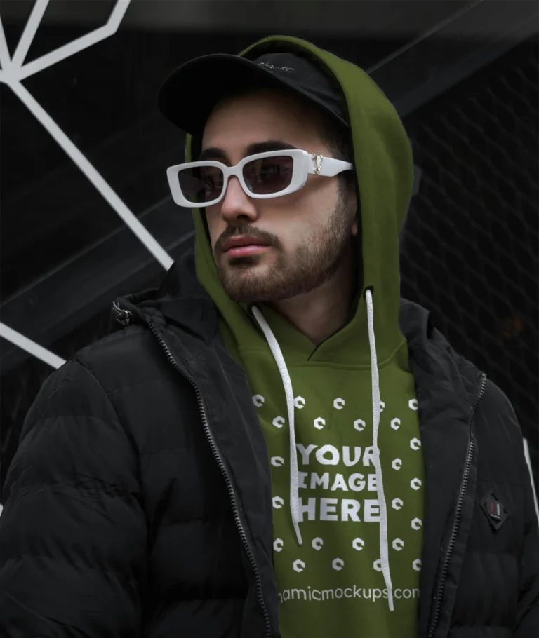 Man Wearing Olive Green Hoodie Mockup Front View Template