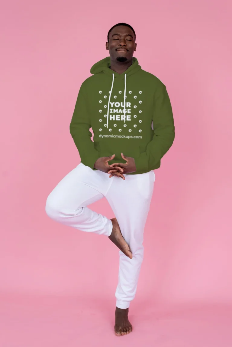 Man Wearing Olive Green Hoodie Mockup Front View Template