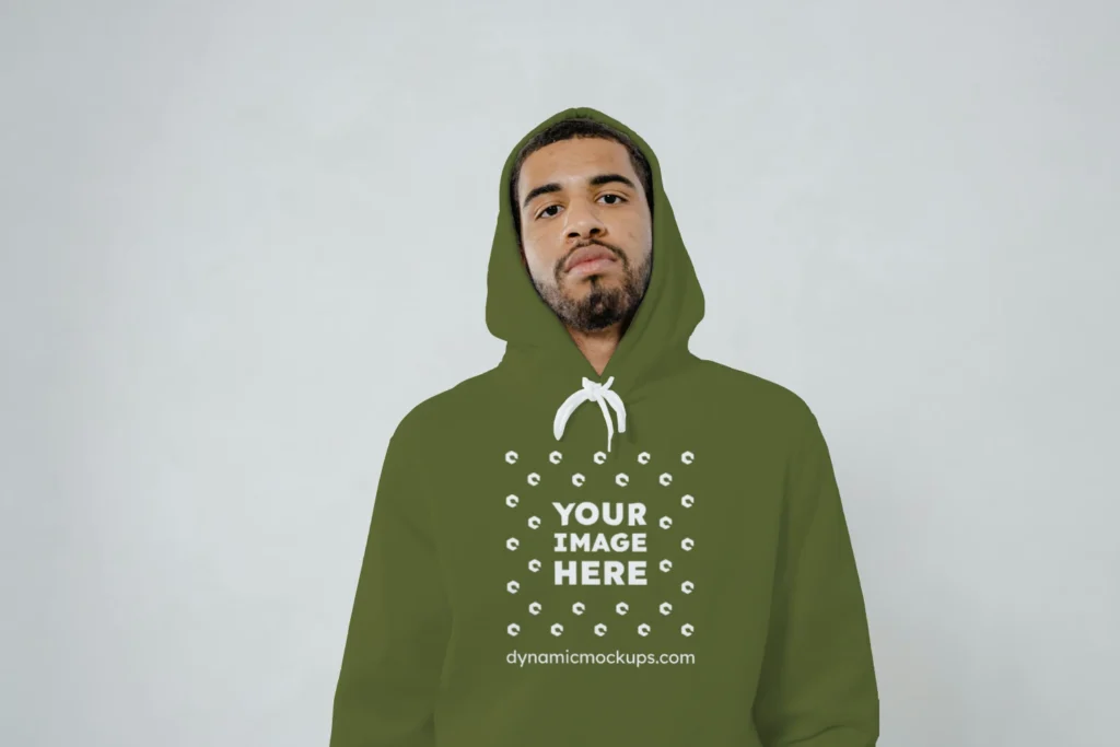 Man Wearing Olive Green Hoodie Mockup Front View Template