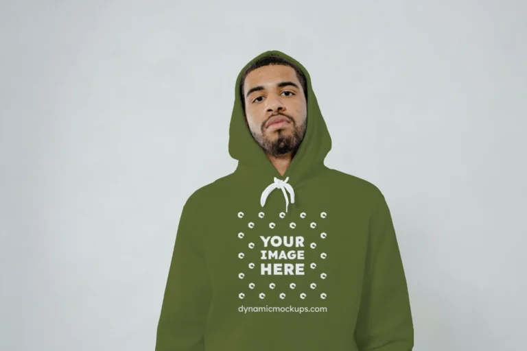 Man Wearing Olive Green Hoodie Mockup Front View Template