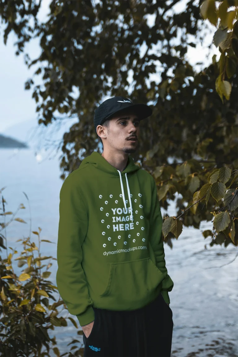 Man Wearing Olive Green Hoodie Mockup Front View Template