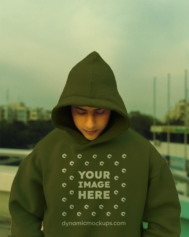 Man Wearing Olive Green Hoodie Mockup Front View Template