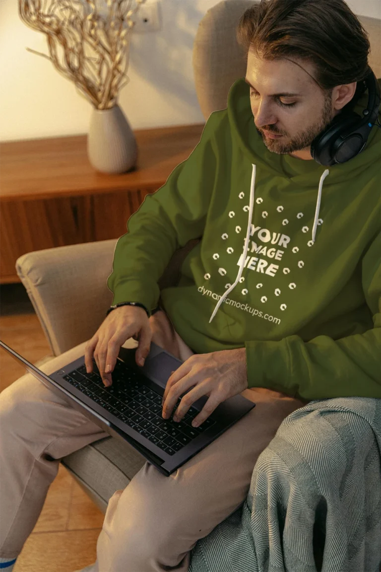 Man Wearing Olive Green Hoodie Mockup Front View Template