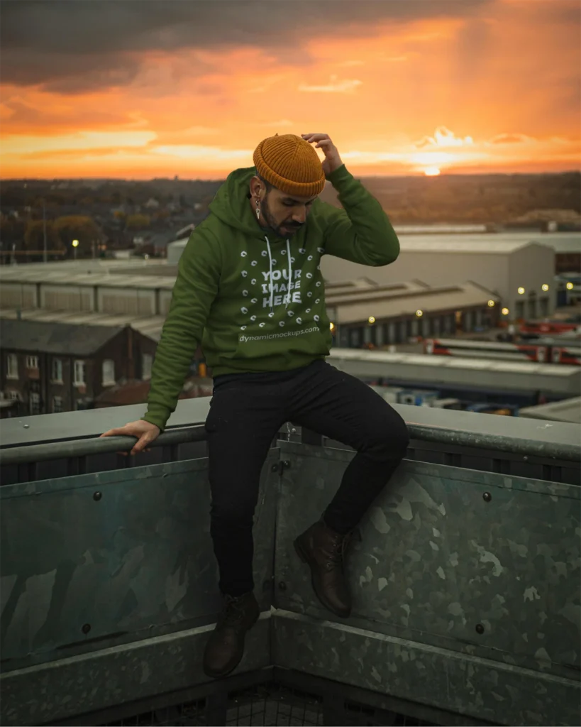 Man Wearing Olive Green Hoodie Mockup Front View Template