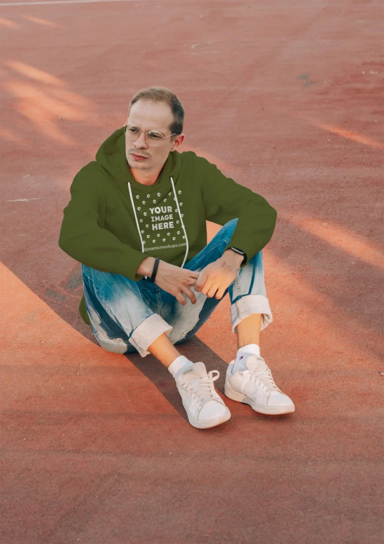 Man Wearing Olive Green Hoodie Mockup Front View Template