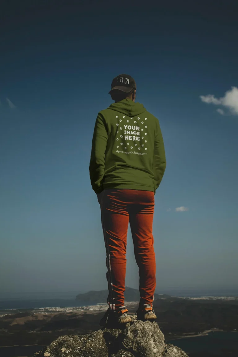 Man Wearing Olive Green Hoodie Mockup Back View Template
