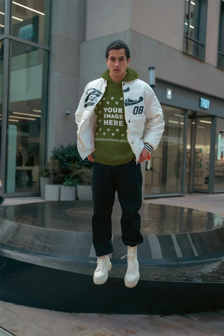 Man Wearing Olive Green Hoodie Mockup Front View Template