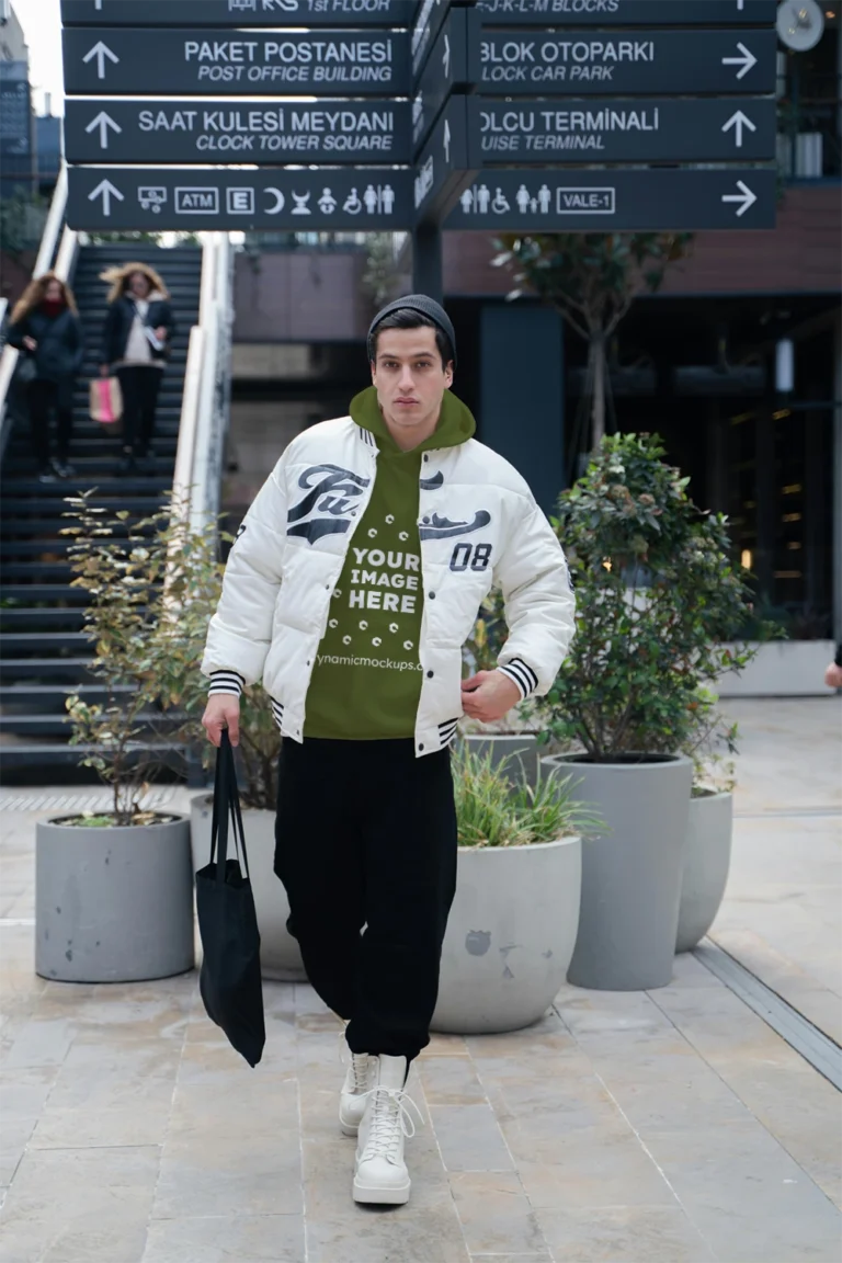 Man Wearing Olive Green Hoodie Mockup Front View Template
