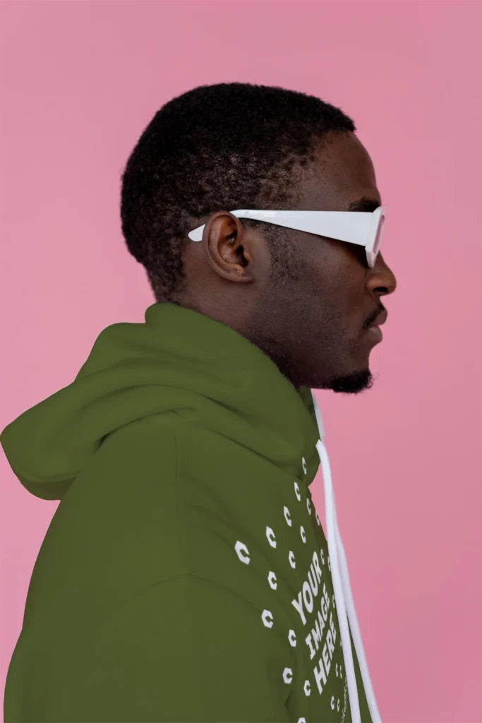 Man Wearing Olive Green Hoodie Mockup Side View Template