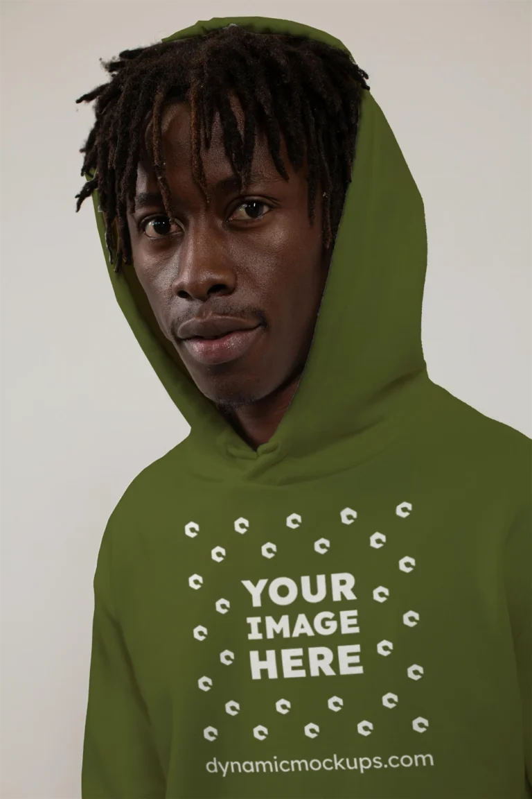 Man Wearing Olive Green Hoodie Mockup Front View Template