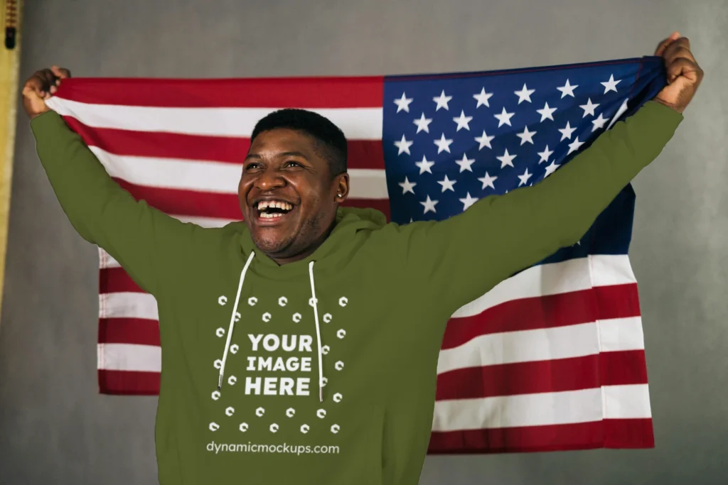 Man Wearing Olive Green Hoodie Mockup Front View Template