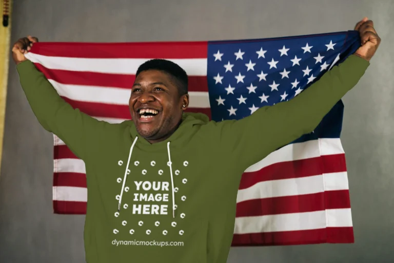 Man Wearing Olive Green Hoodie Mockup Front View Template