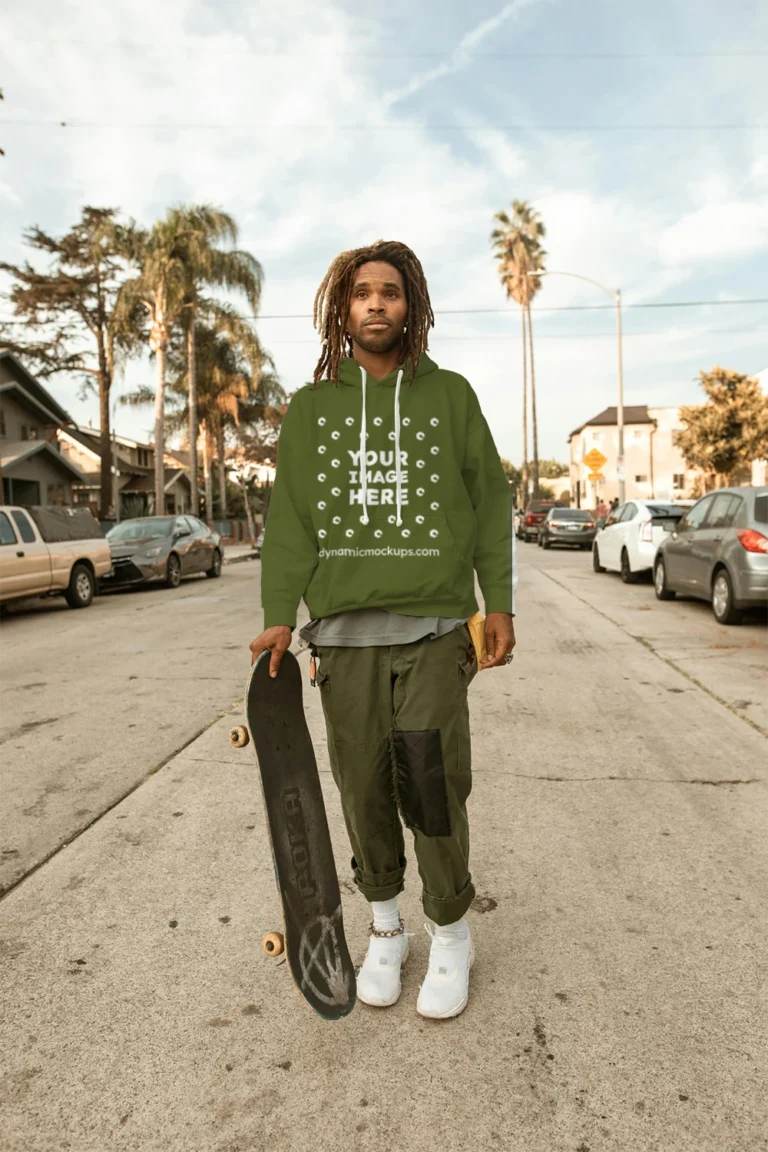 Man Wearing Olive Green Hoodie Mockup Front View Template