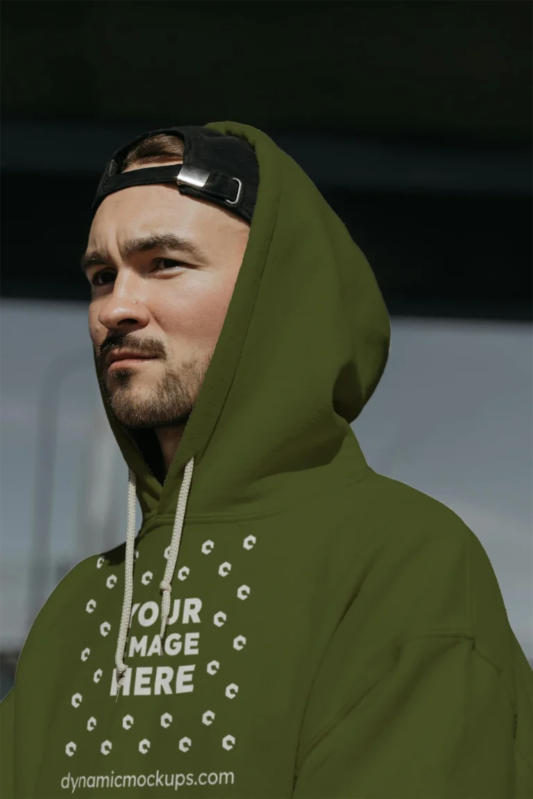 Man Wearing Olive Green Hoodie Mockup Front View Template