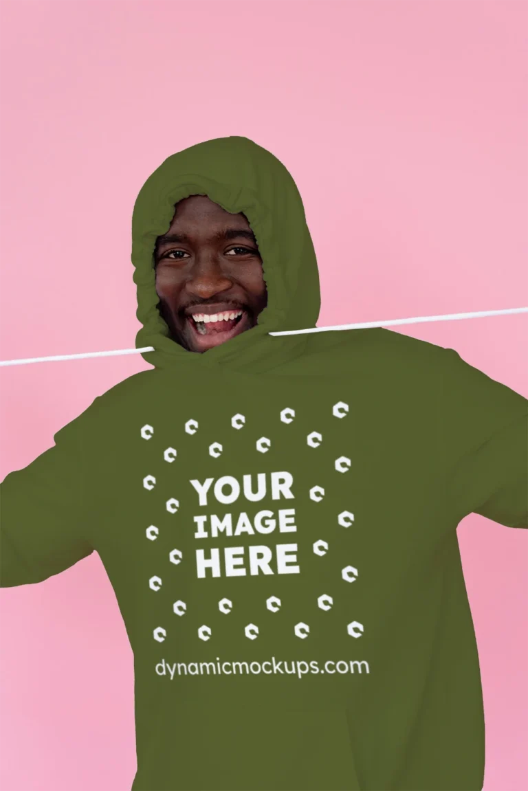 Man Wearing Olive Green Hoodie Mockup Front View Template