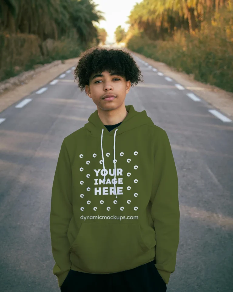 Man Wearing Olive Green Hoodie Mockup Front View Template