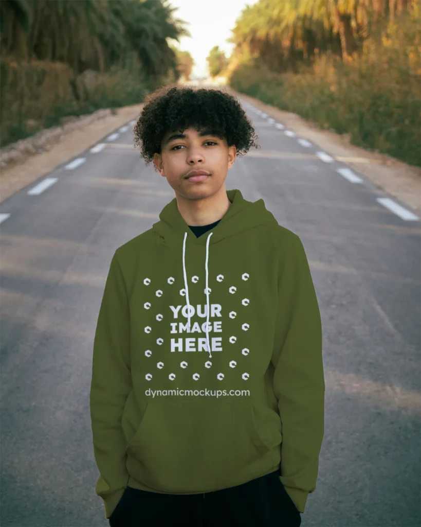 Man Wearing Olive Green Hoodie Mockup Front View Template