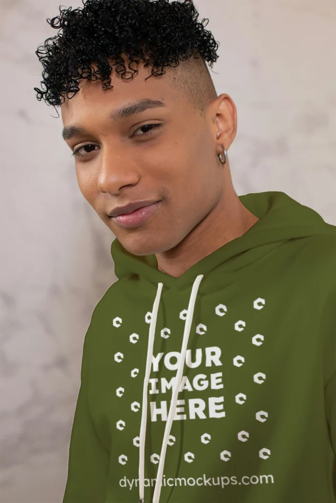 Man Wearing Olive Green Hoodie Mockup Front View Template
