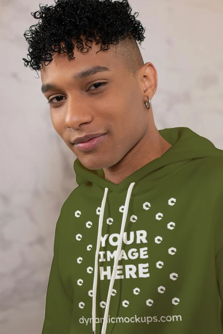 Man Wearing Olive Green Hoodie Mockup Front View Template