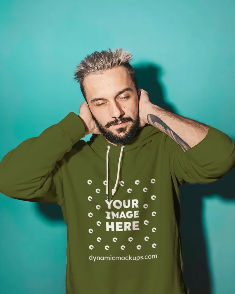 Man Wearing Olive Green Hoodie Mockup Front View Template