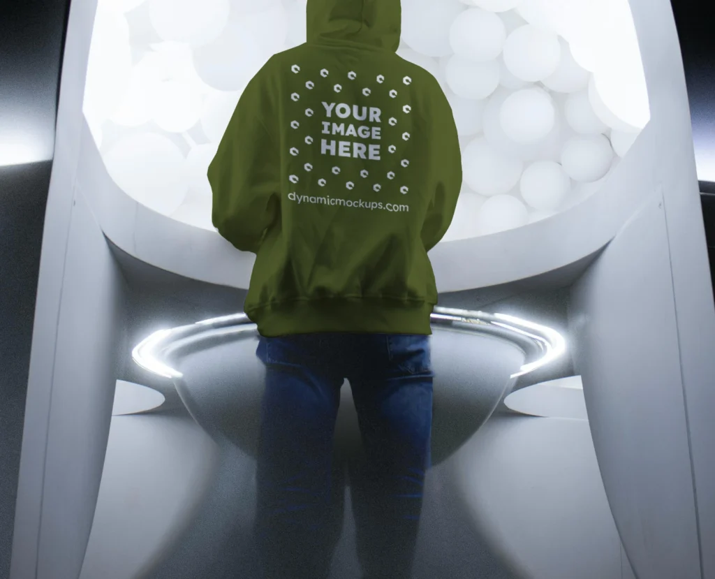 Man Wearing Olive Green Hoodie Mockup Back View Template