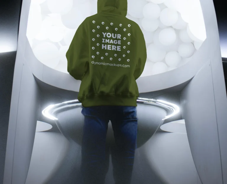 Man Wearing Olive Green Hoodie Mockup Back View Template