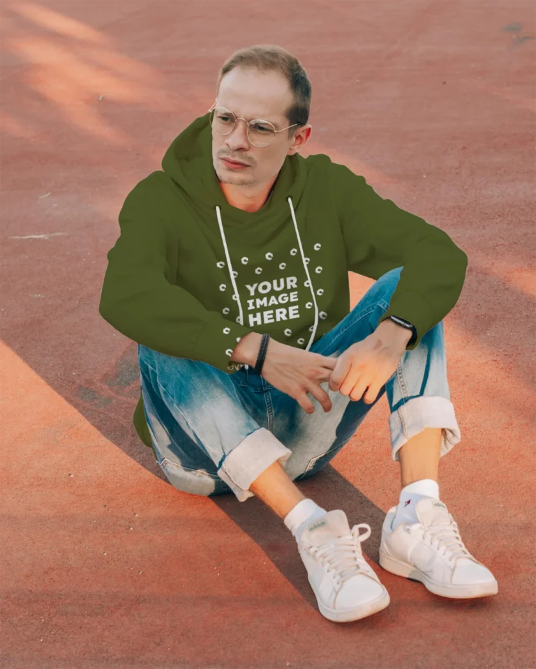 Man Wearing Olive Green Hoodie Mockup Front View Template