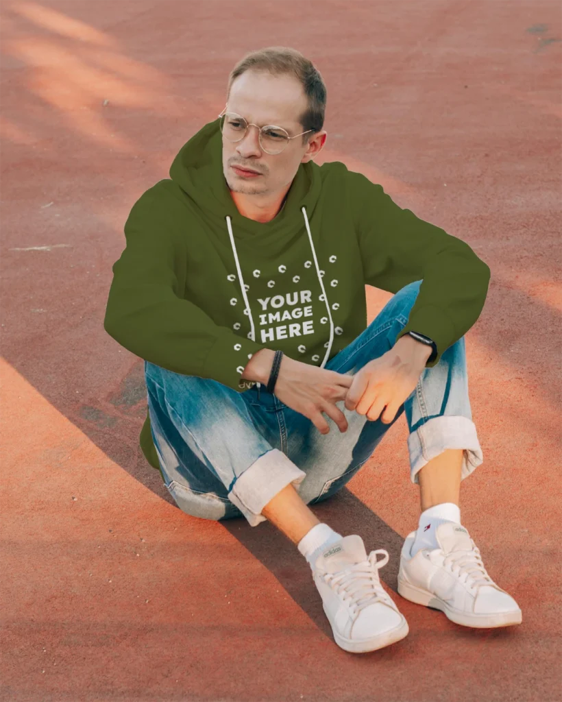 Man Wearing Olive Green Hoodie Mockup Front View Template