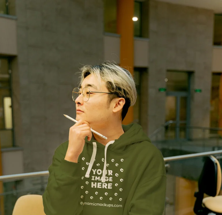 Man Wearing Olive Green Hoodie Mockup Front View Template