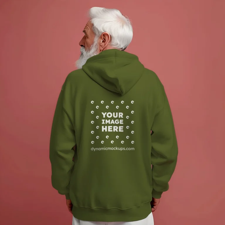 Man Wearing Olive Green Hoodie Mockup Back View Template