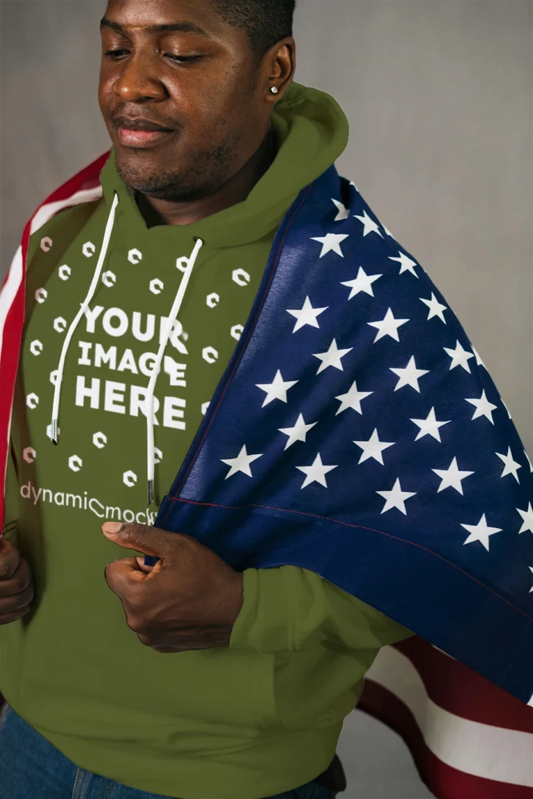 Man Wearing Olive Green Hoodie Mockup Front View Template
